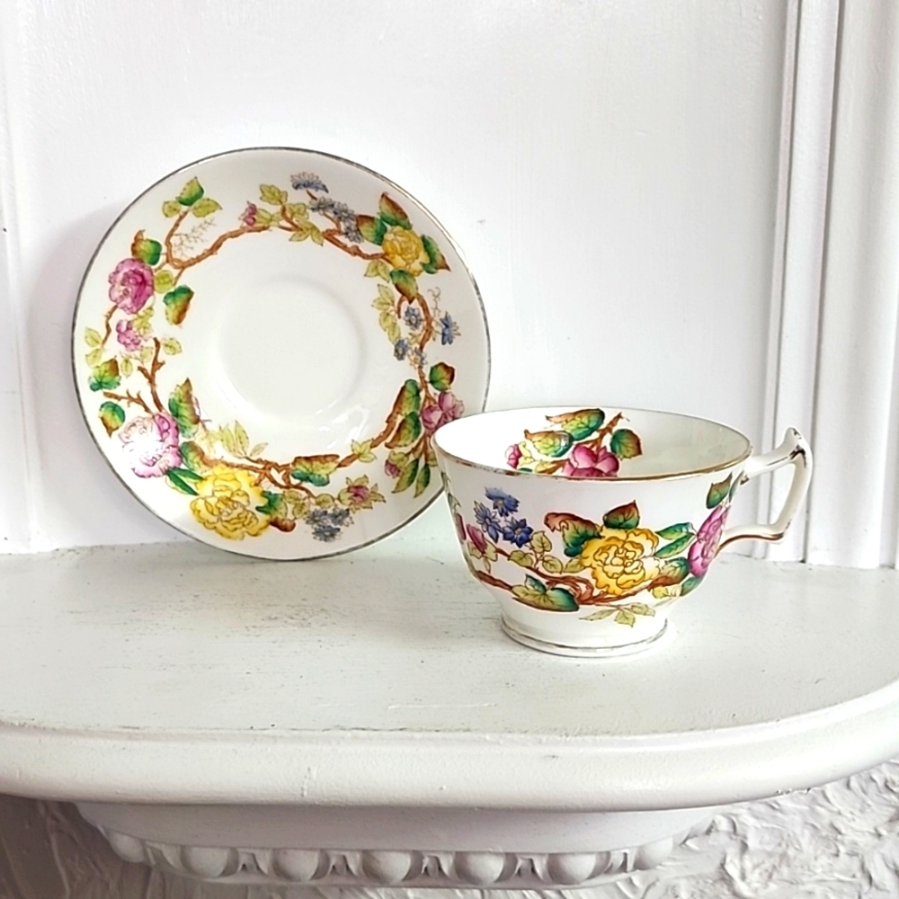 Rare Vintage Hand Painted Hammersley Bone China Chrysanthemum Teacup and Saucer